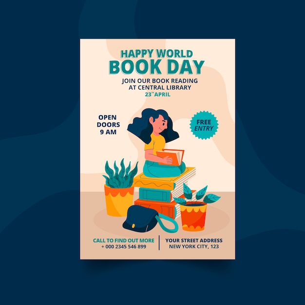 Flat world book day vertical poster template