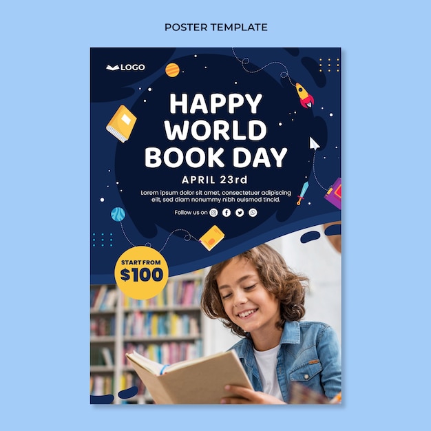 Flat world book day vertical poster template