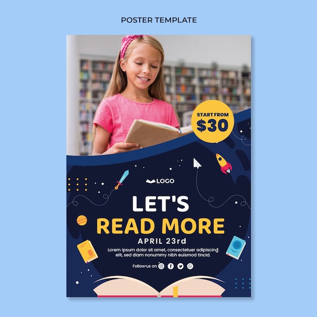 Flat world book day vertical poster template