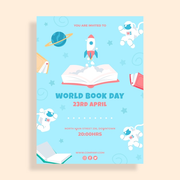 Free vector flat world book day vertical poster template