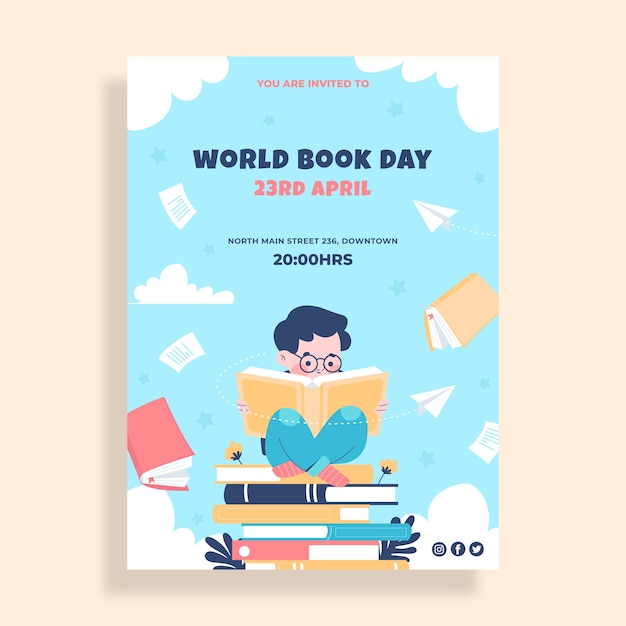 Free vector flat world book day vertical poster template