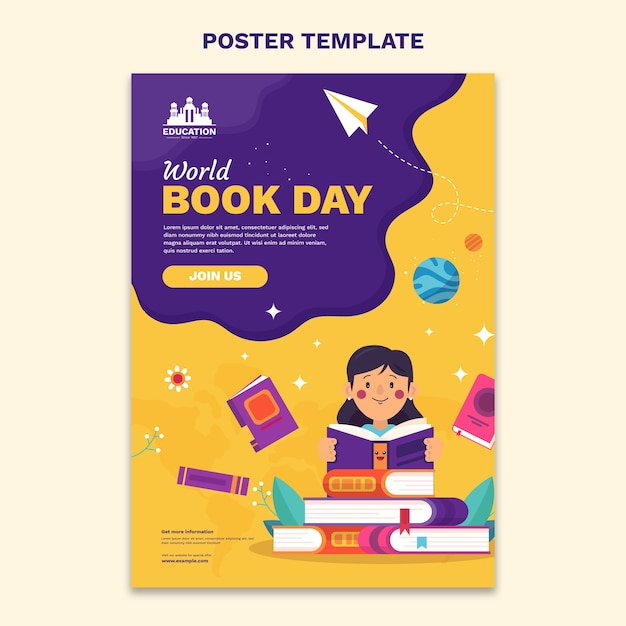 Free vector flat world book day vertical poster template