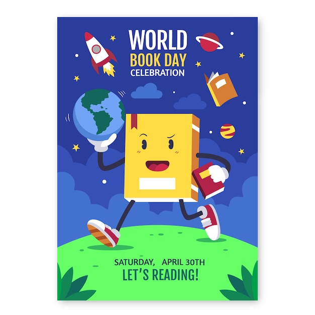 Flat world book day vertical poster template