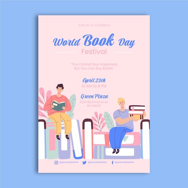 Modello di poster verticale per la giornata mondiale del libro piatto