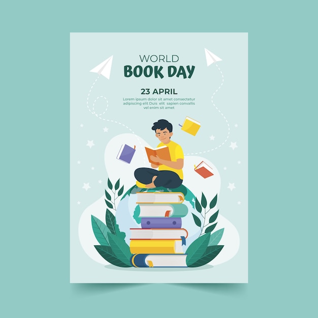 Free vector flat world book day vertical poster template