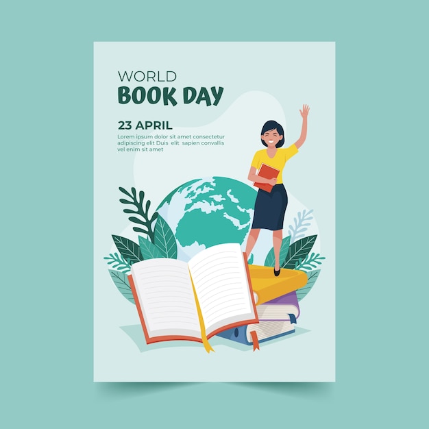 Flat world book day vertical poster template