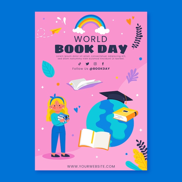 Free vector flat world book day vertical poster template