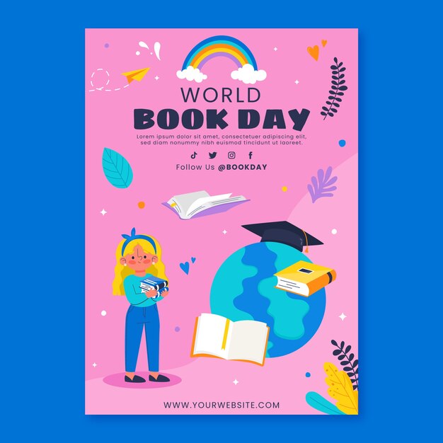Flat world book day vertical poster template
