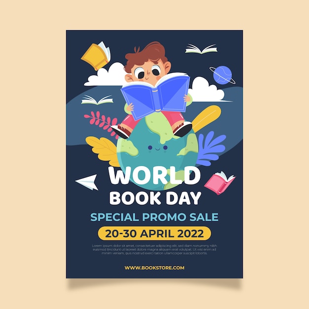 Free vector flat world book day vertical poster template