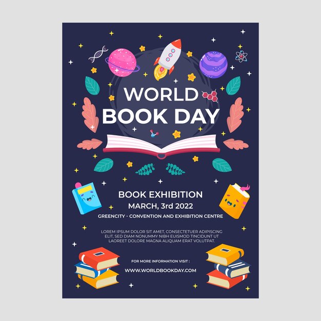 평평한 세계 책의 날 세로 포스터 템플릿