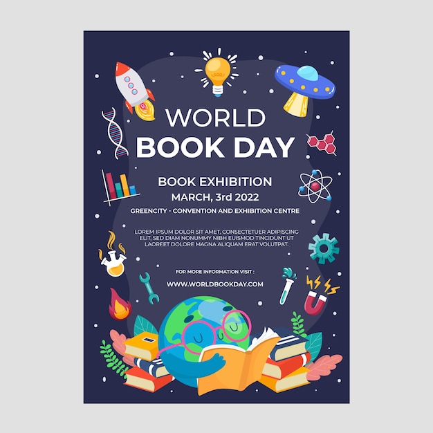 Плоский всемирный день книги вертикальный шаблон плаката