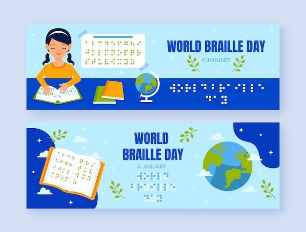Flat world braille day celebration horizontal banners set