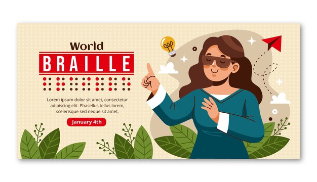 Flat world braille day horizontal banner template
