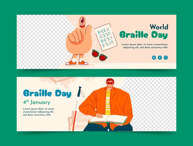 Vettore gratuito modello di banner orizzontale per la giornata braille del mondo piatto