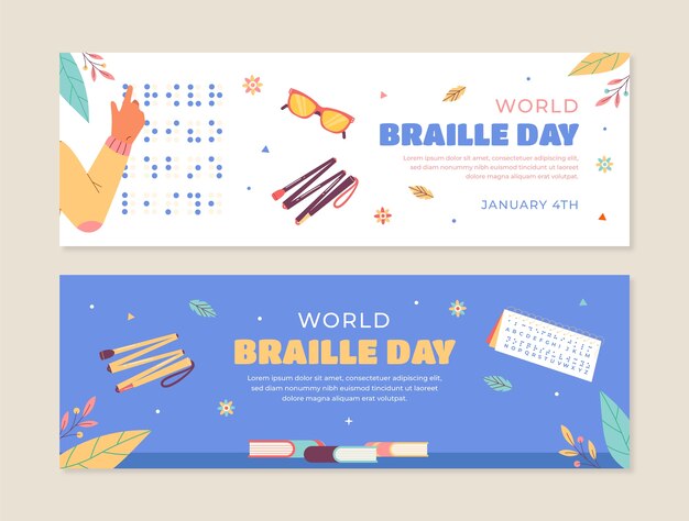 Set di banner orizzontali piatti per la giornata mondiale in braille