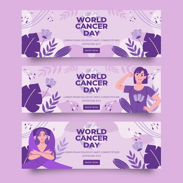 Free vector flat world cancer day horizontal banners set