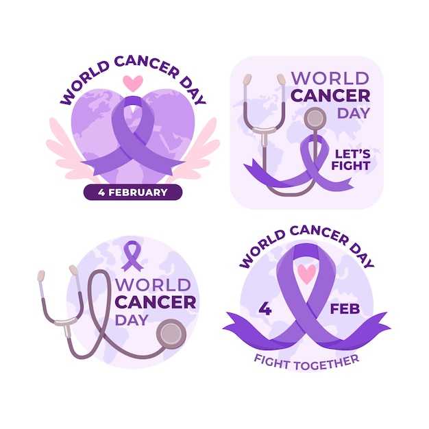 Flat world cancer day labels collection