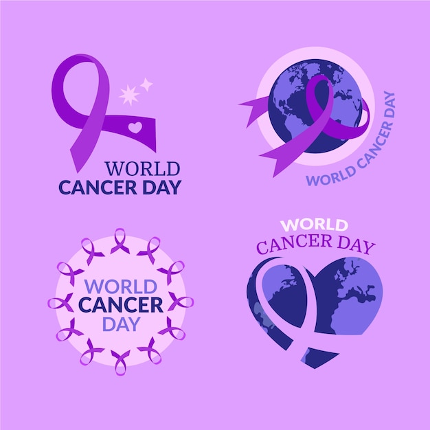 Vettore gratuito collezione di etichette per la giornata mondiale del cancro piatta