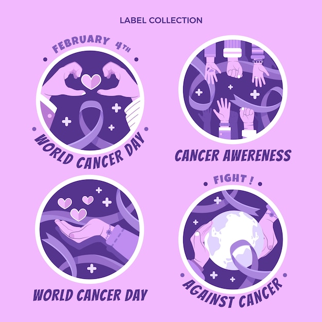 Vettore gratuito collezione di etichette per la giornata mondiale del cancro piatta