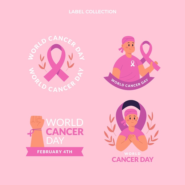 Flat world cancer day labels collection