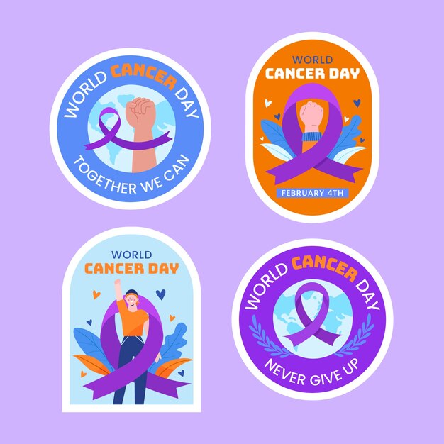 Flat world cancer day labels collection