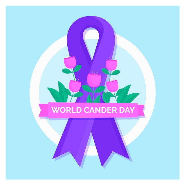 Flat world cancer day purple ribbon with flowers