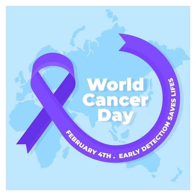 Плоский всемирный день борьбы с раком фиолетовая лента на карте мира