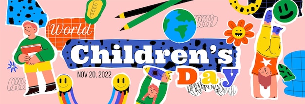 Flat world children's day horizontal banner template