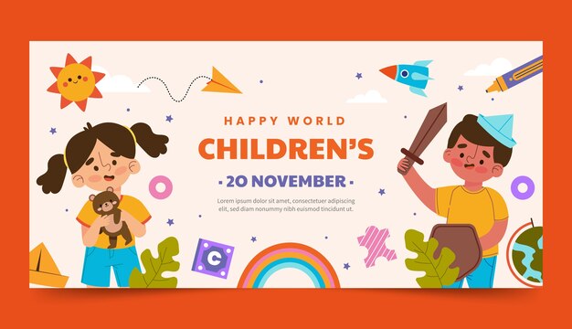 Flat world children's day horizontal banner template