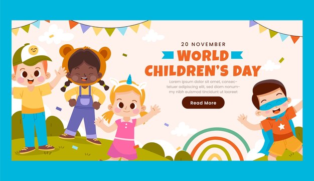 Flat world children's day horizontal banner template