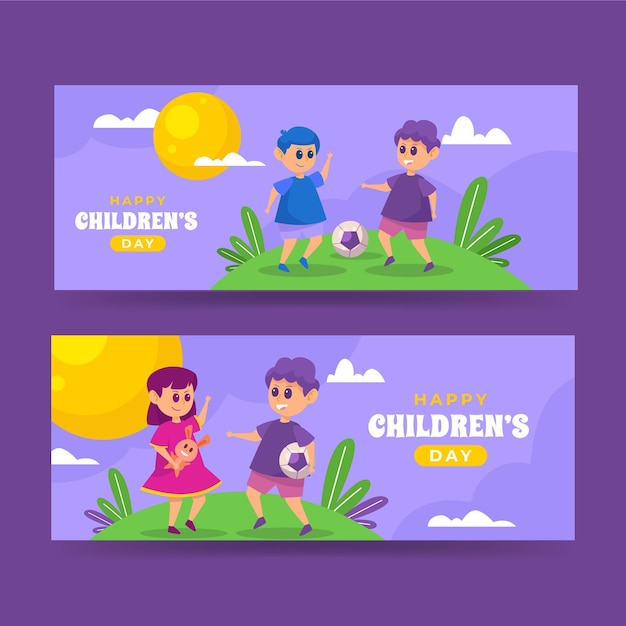 Flat world children's day horizontal banners set