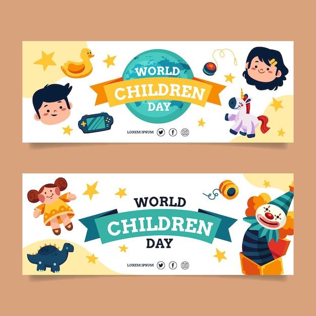 Free vector flat world children's day horizontal banners set