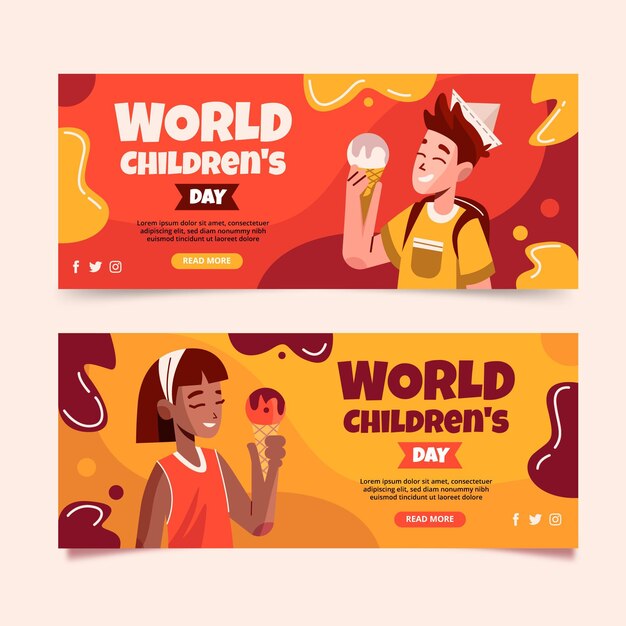 Flat world children's day horizontal banners set