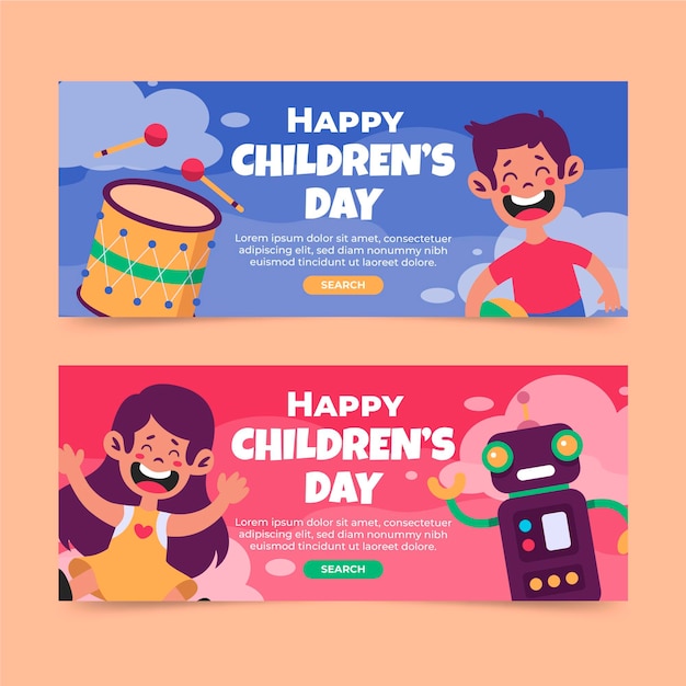 Free vector flat world children's day horizontal banners set