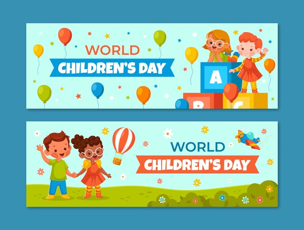 Flat world children's day horizontal banners set