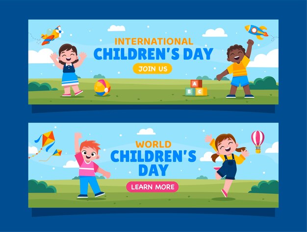 Flat world children's day horizontal banners set