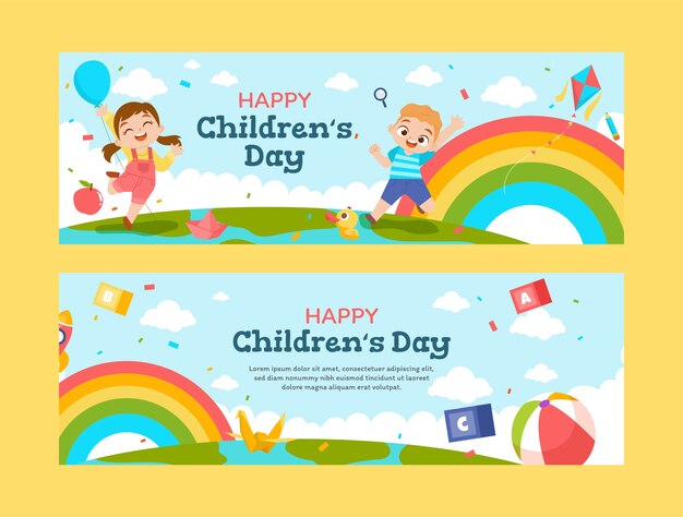 Flat world children's day horizontal banners set