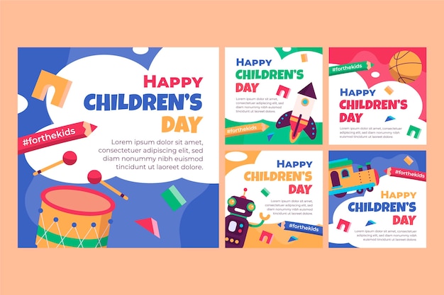 Free vector flat world children's day instagram posts collection