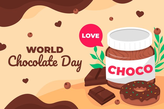 Flat world chocolate day background with chocolate spread and donut