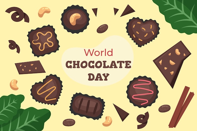 Fondo piatto della giornata mondiale del cioccolato con prelibatezze al cioccolato