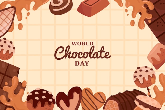 Vettore gratuito fondo piatto della giornata mondiale del cioccolato con prelibatezze al cioccolato