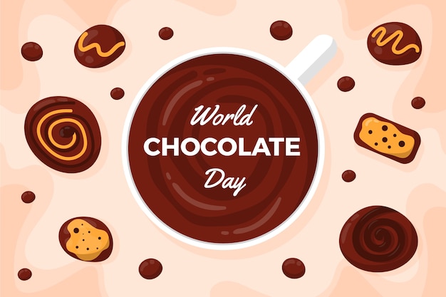 Fondo piatto della giornata mondiale del cioccolato con prelibatezze al cioccolato