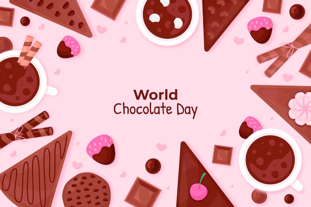 Vettore gratuito fondo piatto della giornata mondiale del cioccolato con prelibatezze al cioccolato