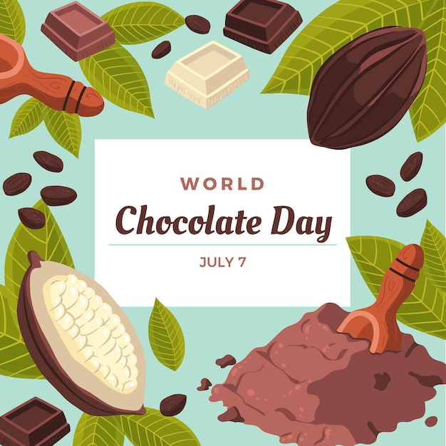 Fondo piatto della giornata mondiale del cioccolato con la fava di cacao