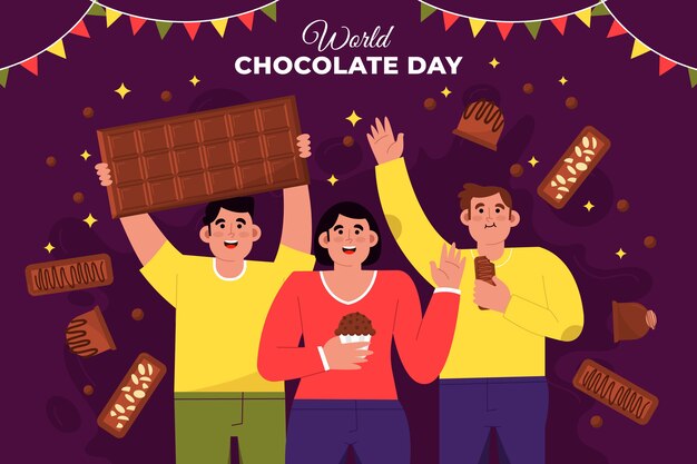 Fondo piatto della giornata mondiale del cioccolato con persone che celebrano