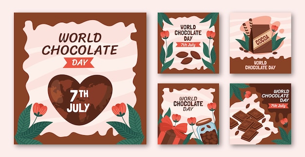 Vettore gratuito collezione di post instagram per la celebrazione della giornata mondiale del cioccolato piatto