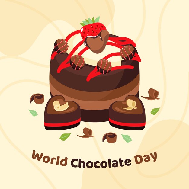 Illustrazione piatta della giornata mondiale del cioccolato con torta al cioccolato