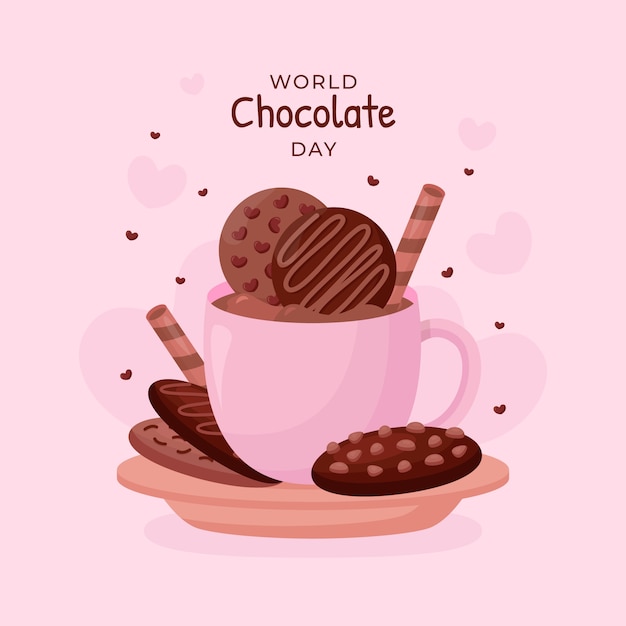 Vettore gratuito illustrazione della giornata mondiale del cioccolato piatto con bevanda al cioccolato