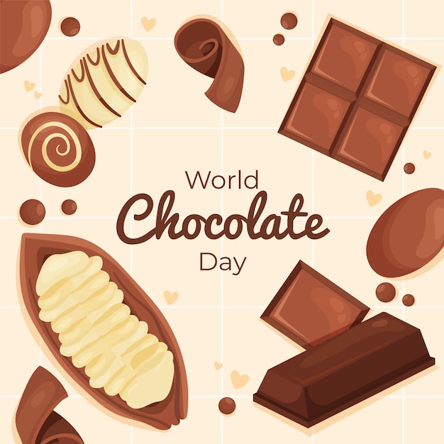 Illustrazione della giornata mondiale del cioccolato piatto con dolci al cioccolato e fava di cacao