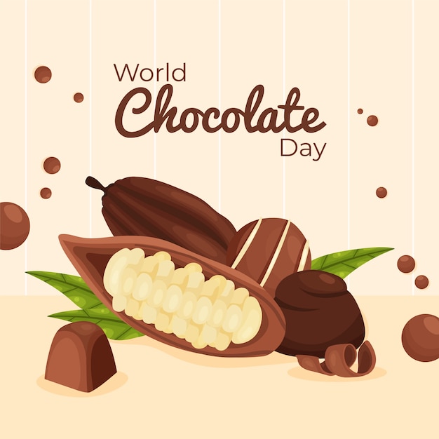 チョコレート菓子とカカオ豆のフラットな世界のチョコレートの日のイラスト